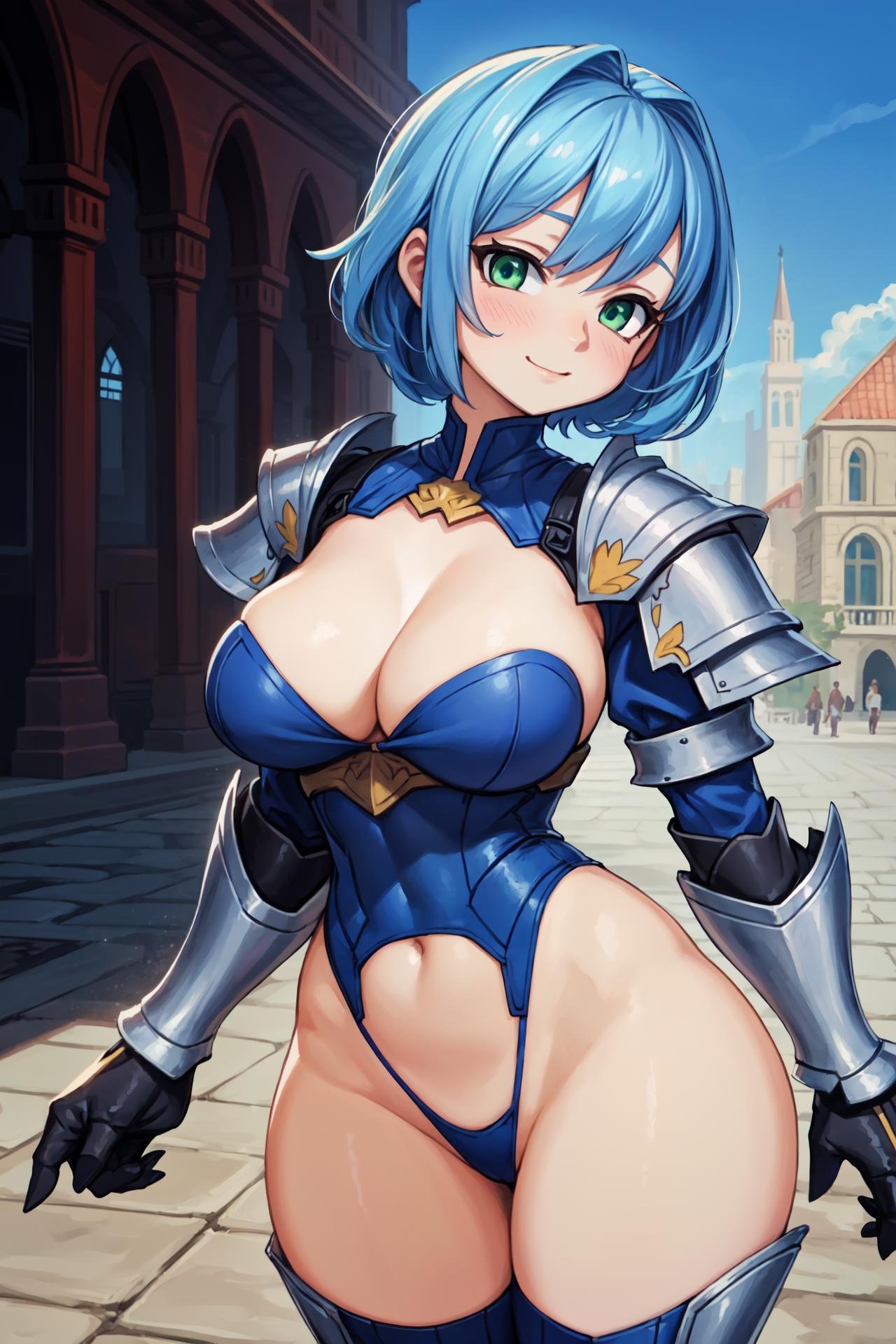 masterpiece, best quality, highres, extremely detailed, (cg illustration), ((1girl as armored knight)) with (detailed face and glossy detailed green eyes), outdoors, medieval, arabic city, morning, pavement, (painterly, depth of field), fine details, ((nsfw)), (solo, female focus, solo focus), face focus, (she wears steel highleg armor) and elbow gloves and armored thighboots, (looking at viewer), blushing, confident, light smile, bursting breasts, cleavage, upright, cowboy shot, medium shot, dynamic lighting, (sharp, cel shading), outline, fantasy, baroque, traditional media, <lora:add_detail:0.1>, 