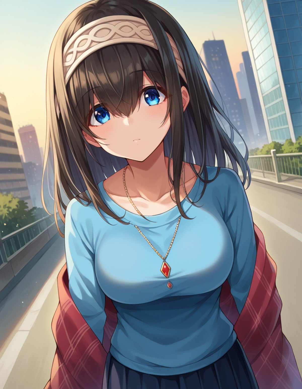 score_9, score_8_up, score_7_up, source_anime,fumikasagisawa, <lora:fumika-sagisawa-ponyxl-lora-nochekaiser:1>,fumika sagisawa, blue eyes, black hair, hairband, long hair, hair over eyes,blue sweater, collarbone, jewelry, necklace, shawl, sweater, skirt,outdoors, cityscape,looking at viewer, dutch angle, cowboy shot,