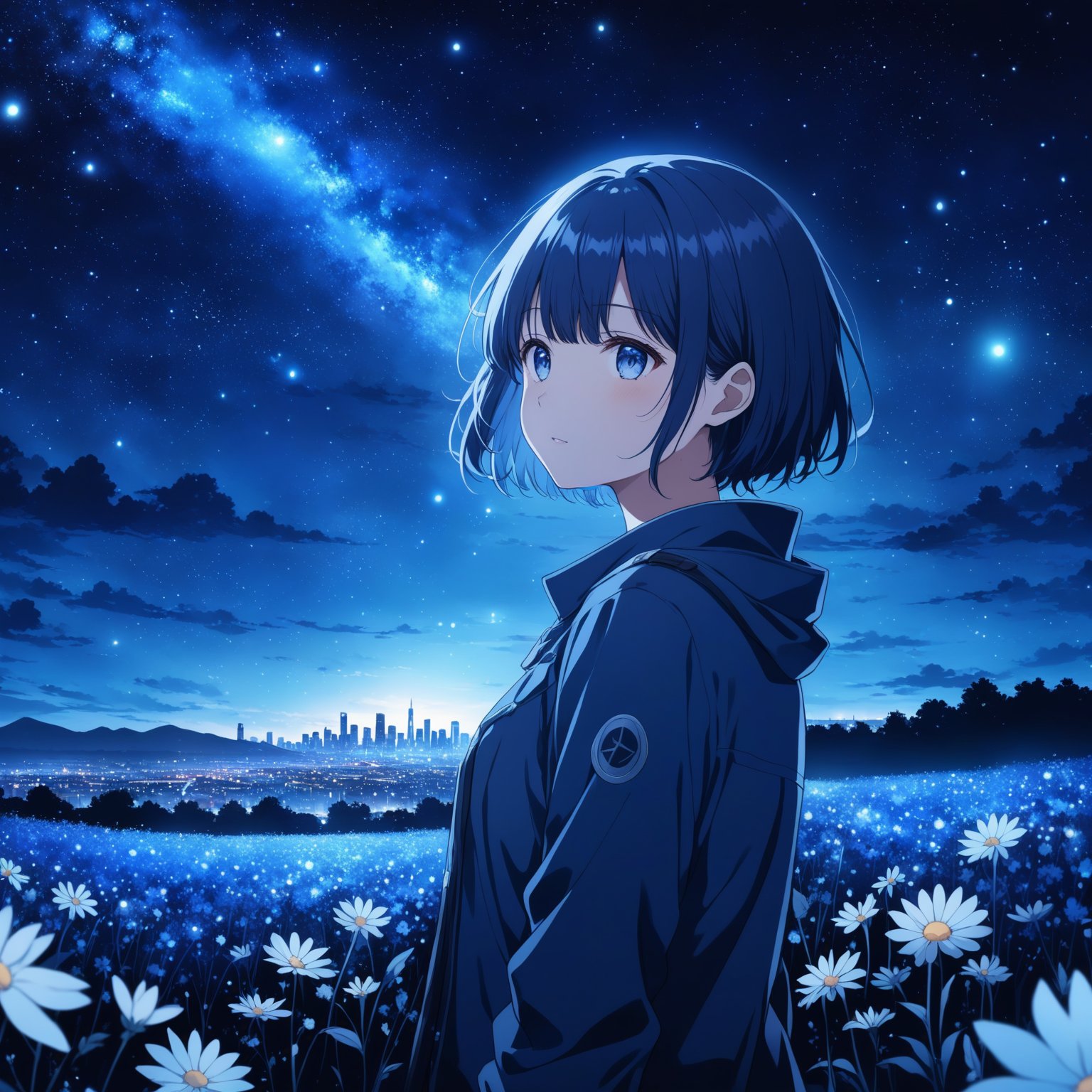 anime girl, night, blue light behind her, ((Galaxy, Lens flare)), short hair, flower field, night sky, cinematic shot. Wallpaper. (Blue color schema), detailed background, a city in the distance