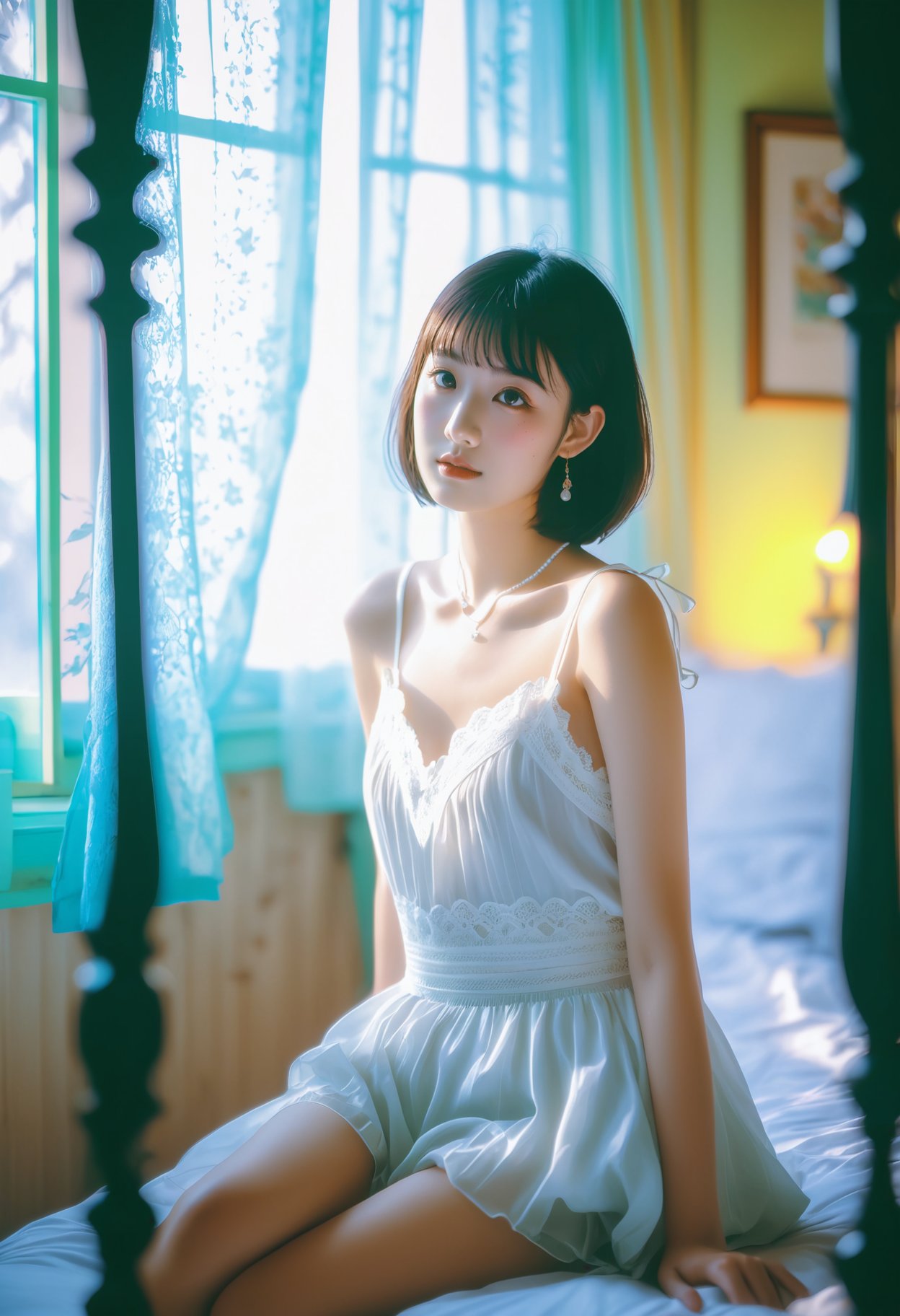 photograph Retro photograph, soft focus, ethereal lighting, young woman in a delicate white dress, short bob haircut, seated on a vintage bed, lace curtains in the background, gentle pose with hand on shoulder, dreamy and nostalgic mood, pastel color palette, serene and intimate atmosphere.,, 50mm . cinematic 4k epic detailed 4k epic detailed photograph shot on kodak detailed cinematic hbo dark moody, 35mm photo, grainy, vignette, vintage, Kodachrome, Lomography, stained, highly detailed, found footage