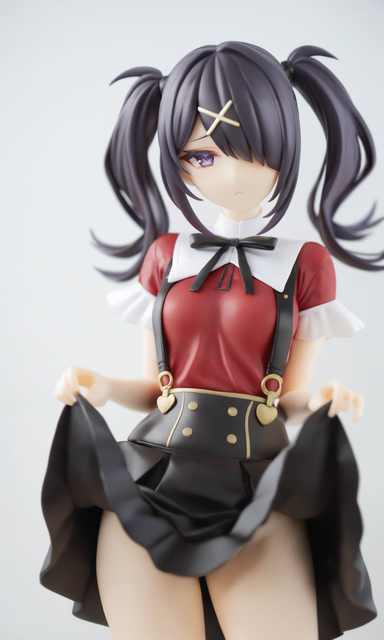 figure,masterpiece,best quality,<lora:ame-chan:1>,ame-chan \(needy girl overdose\),1girl,solo,twintails,black hair,purple eyes,hair over one eye,white background,suspender skirt,simple background,black skirt,looking at viewer,lifted by self,skirt lift,short sleeves,bangs,x hair ornament,one eye covered,black ribbon,cowboy shot,red shirt,closed mouth,