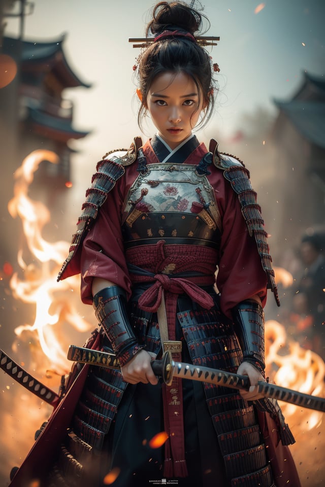 Akira Kurosawa's cinematic style poster,A 28-year-old girl,full body shoot,embodying the spirit of a Samurai from the Warring States Period in Japan. Brightly colored,with a backdrop of war,She wears traditional samurai armor adorned with intricate details,holding a katana with determination,The falling smoke of gunpowder,symbolizing the beauty amidst conflict,Detailed,historical,and with a touch of elegance,cinematic,detailed,style dominated by red,minimalist composition shimmer,edge ligh,best quality,masterpiece,an extremely delicate and beautiful,CG,unity,8k wallpaper,Amazing,finely detail,masterpiece,official art,extremely detailed CG unity 8k wallpaper,incredibly absurdres,huge filesize,ultra-detailed,highres,extremely detailed,<lora:Samurai_20240302050726:0.8>,