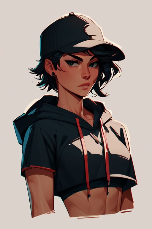 score_9, score_8_up, score_7_up, score_6_up, score_9, score_8_up, score_7_up, score_6_up, BREAK,1girl, tomboy, medium hair, hair behind ear, swept bangs, baseball cap, black hair, earrings, hood up, hoodie, crop top, <lora:xl_more_art-full_v1:0.65>,<lora:Stylized_Geometry_Patterns:1>,