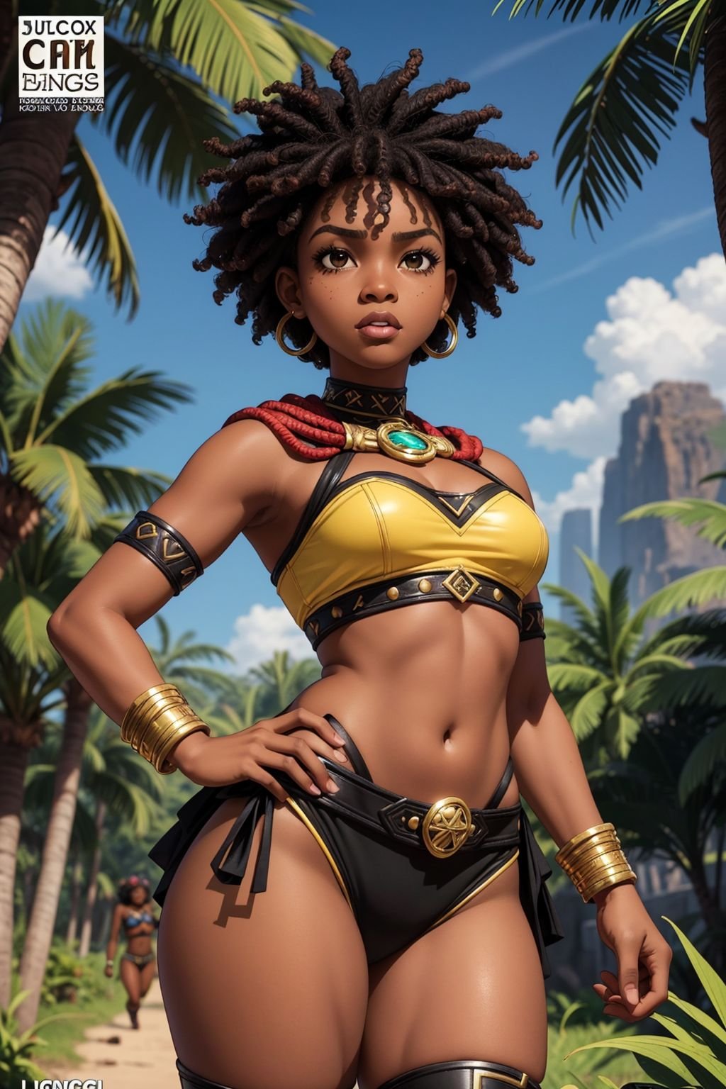 1girl, african girl, masterpiece, high quality, 8k, high resolution, perfect art, Average Height, Diamond-Shaped Face, black Skin, red Hair, black Eyes, Short Nose, Full Lips, Receding Chin, long curly Hair, (comic book cover style, action pose:1.2), jungle warrior outfit, angry expression, jungle in the background, kkw-Afro