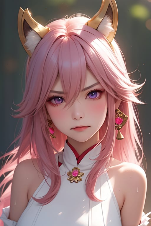 ba shen zi,1girl,solo,purple eyes,pink hair,animal ears,long hair,hair between eyes,blush,fox ears,bare shoulders,jewelry,earrings,bangs,closed mouth,japanese clothes,portrait,bright personality,optimistic outlook,free-spirited,carefree attitude,playful spirit,(positive vibes:1.2),<lora:aki-000002:0.5>,(an angry and flushed expression:1.2),flower lantern background,slightly open your mouth,sweat,