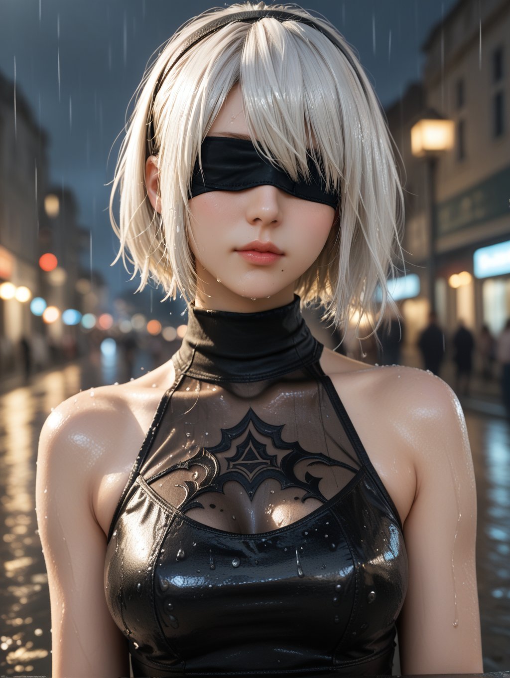 score_9, score_8_up, score_7_up,source_real,BREAKultra HD quality details, sun, lens flare, background light, holy light, 1girl, 2b \(nier:automata\), solo, breasts, short hair, dress, bare shoulders, medium breasts, closed mouth, upper body, white hair, hairband, sleeveless, mole, blurry, black dress, lips, wet, depth of field, blurry background, turtleneck, black hairband, wet clothes, mole under mouth, facing viewer, rain, blindfold, wet hair, covered eyes, black blindfold, street, city, people,