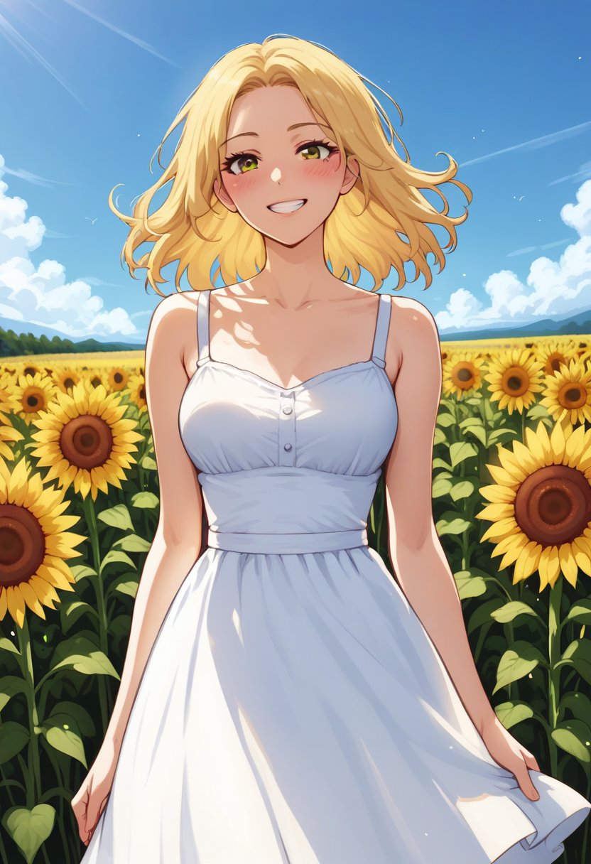 score_8_up, beautiful scenery, blue sky, sunflower field, woman, sundress, grin, blush, looking at viewer,  ^ ^