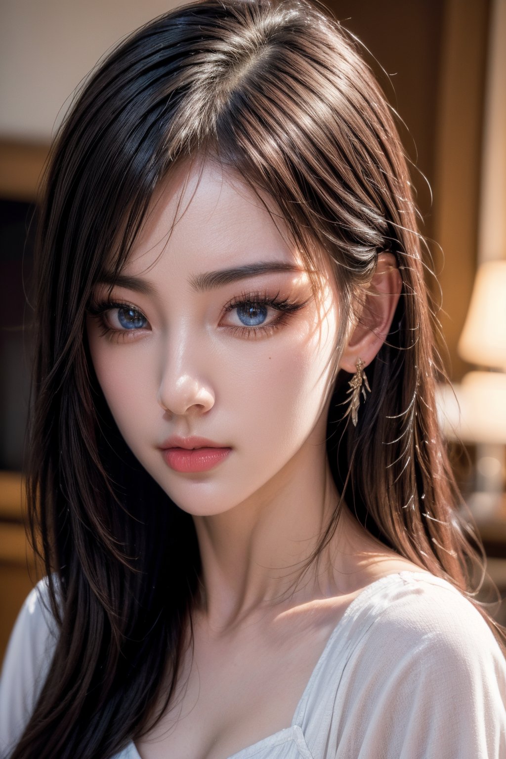 (beautiful detailed eyes:1.2),(Extremely detailed 8K eyelashes:1.2),(sharp nose:1.2),(detailed face:1.2),(a face of perfect proportion:1.1)solo, 1girl, realistic, indoors, long hair, breasts, looking at viewer, side face, upper body,