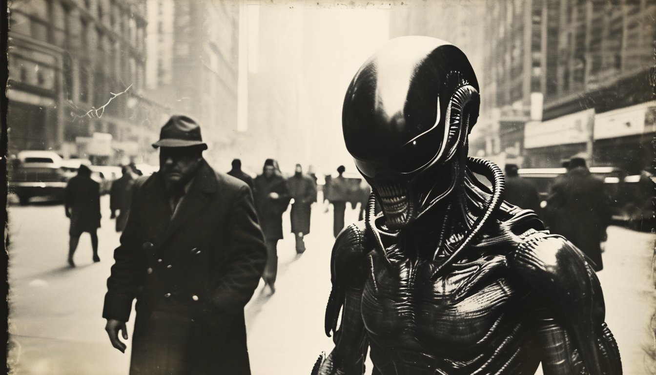 B&W Vintage street photo of Xenomorph in NY   <lora:Vintage_Street_Photo:1>