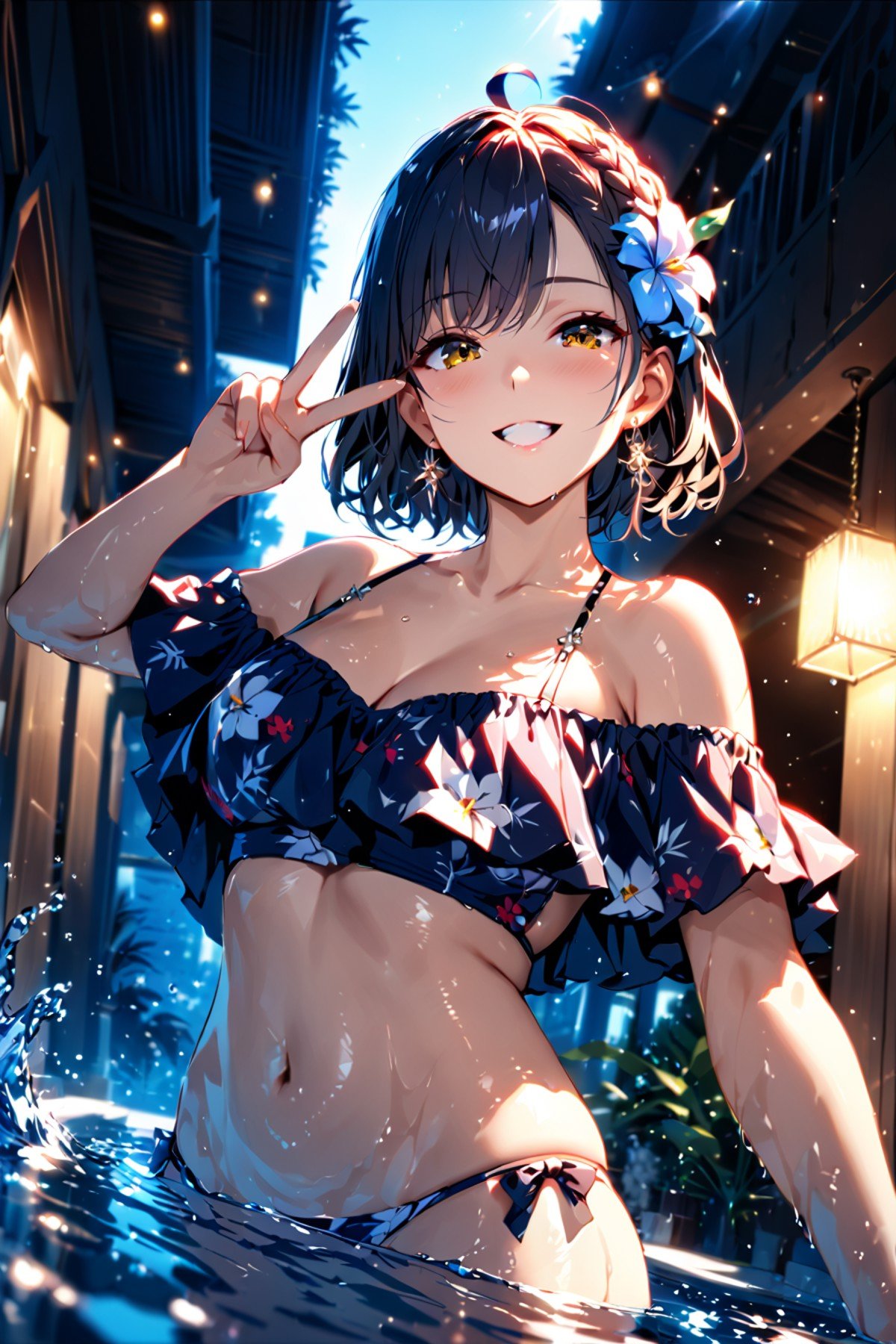 masterpiece best quality 1girl (masterpiece:1.2),best quality,PIXIV,who,swimsuit,bikini full bodynight sky standing from below starbangs,looking at viewer,flower,short hair,outdoors,parted bangs,open mouth,hair ornament,medium breasts,navel,hair flower,ahoge,drinking glass,jewelry,v,partially submerged,pool,watercollarbone,drinking straw,off shoulder,grin,floral print,wavy hair,earrings,braid,eyelashes,(masterpiece,detailed,highres:1.1)(Depth of field hdr 8k 4k wallpaper cinematic angle, cinematic lighting,:1.1) (masterpiece, best quality:1.55), (Depth of field hdr 8k 4k wallpaper cinematic angle, cinematic lighting,:1.5) (masterpiece, best quality:2.0)