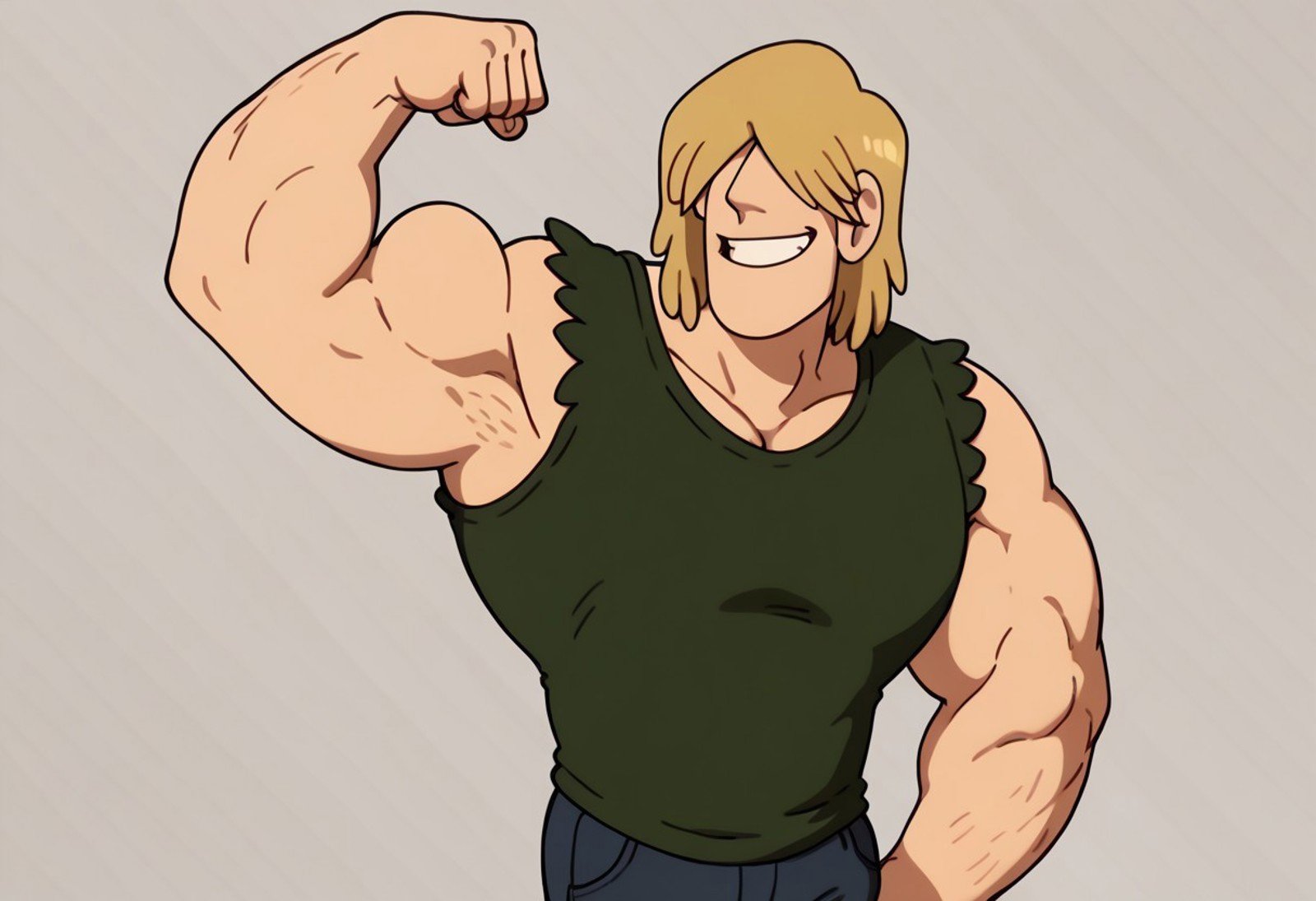 score_9, score_8_up, score_7_up BREAK TnnrCl, 1boy, shoulder-length blonde hair, hair covering eyes, dark green tank top, dark blue pants, cowboy shot, flexing for viewer, smiling,