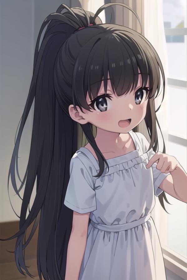 hinatakanashi, <lora:hina takanashi s1-lora-nochekaiser:1>,hina takanashi, long hair, black hair, (black eyes:1.3), ponytail, antenna hair, child, smile, open mouth,BREAK dress, yellow dress, short sleeves,BREAK indoors,BREAK looking at viewer, (cowboy shot:1.5),BREAK <lyco:GoodHands-beta2:1>, (masterpiece:1.2), best quality, high resolution, unity 8k wallpaper, (illustration:0.8), (beautiful detailed eyes:1.6), extremely detailed face, perfect lighting, extremely detailed CG, (perfect hands, perfect anatomy), 