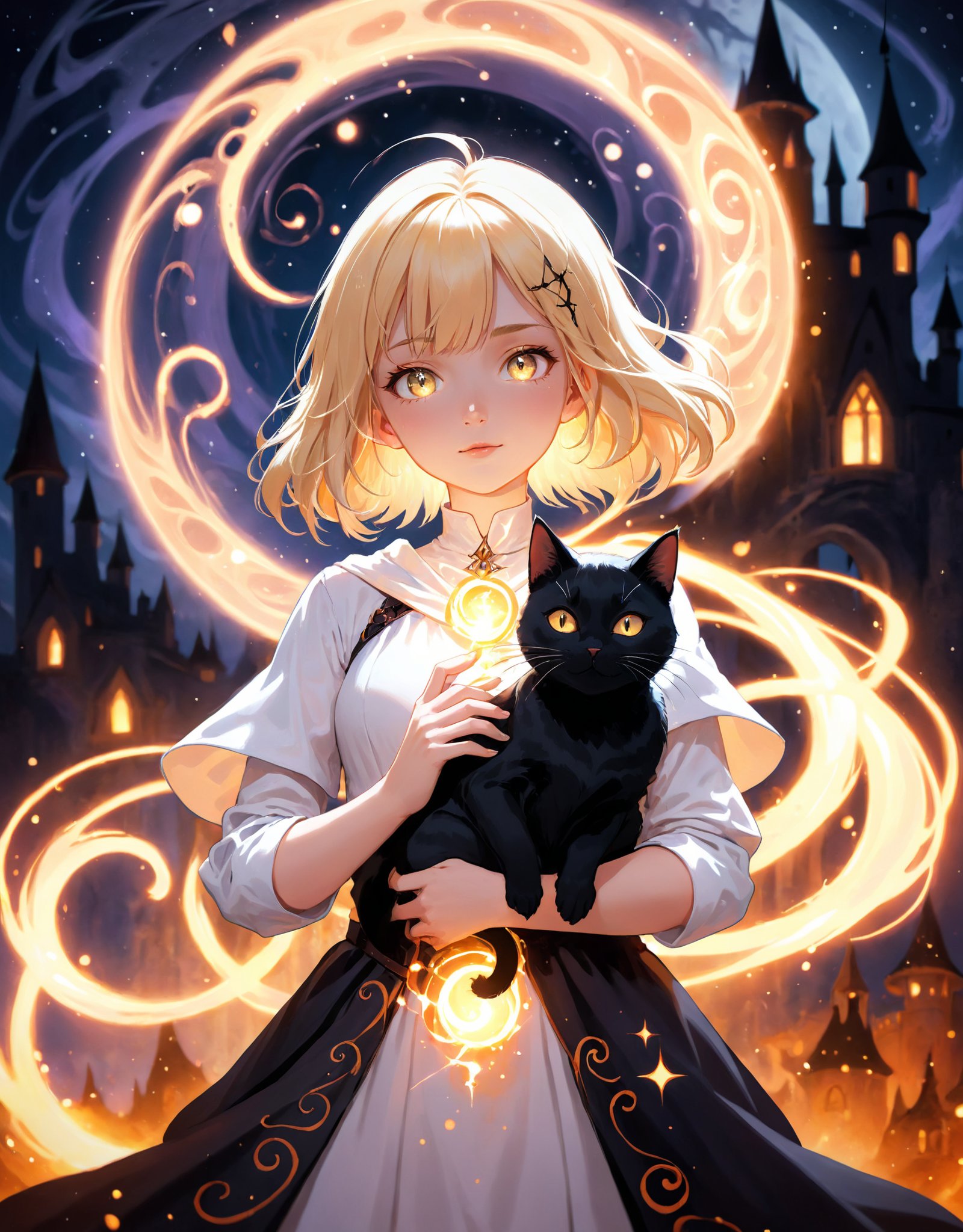 Photo of a blonde wizard girl, illuminated by the moonlight, with her black cat familiar, surrounded by swirling embers and mystical particle lines, set against a fantastical backdrop. The lighting should enhance the magical and enchanting atmosphere.