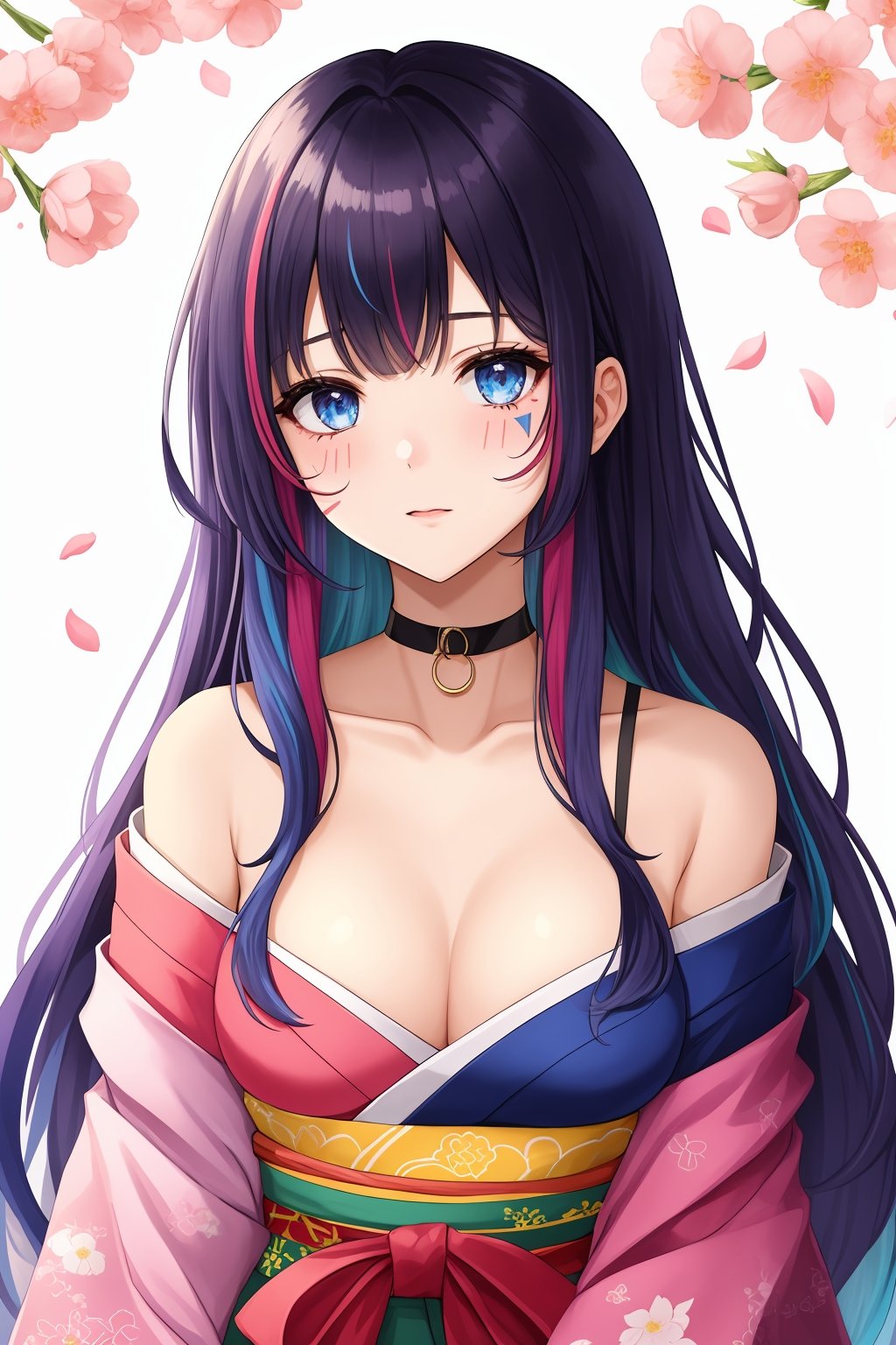 1girl,solo,long hair,breasts,looking at viewer,bangs,blue eyes,black hair,bare shoulders,closed mouth,blue hair,collarbone,upper body,pink hair,white hair,multicolored hair,small breasts,japanese clothes,choker,kimono,off shoulder,streaked hair,petals,facial mark,multicolored background,