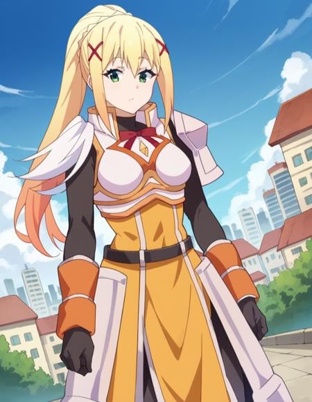 score_9, score_8_up, score_7_up, source_anime,lalatinadustinessford, <lora:lalatina-dustiness-ford-s2-ponyxl-lora-nochekaiser:1>,darkness \(konosuba\), long hair, green eyes, blonde hair, hair ornament, ponytail, braid, x hair ornament,gloves, armor, bodysuit, shoulder armor, armored dress,outdoors, cityscape,looking at viewer, dutch angle, cowboy shot,