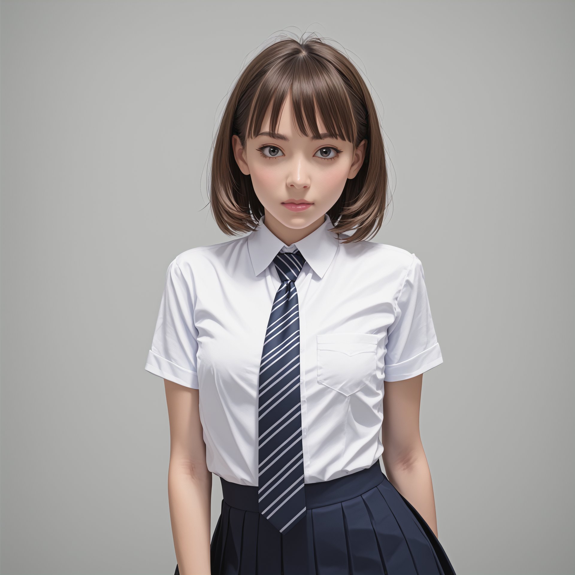 A high-resolution 3D model render of a female model with a bob haircut. The character is shown from the shoulders up, wearing a detailed school uniform with a tie. The left half of the face is fully rendered with smooth, realistic skin, while the right half reveals a wireframe view of the model, showcasing the underlying 3D mesh structure. The lighting is soft and even, highlighting the details of both the rendered and wireframe sides without harsh shadows. The overall scene has a neutral background, keeping the focus on the character, 50mm filmstill