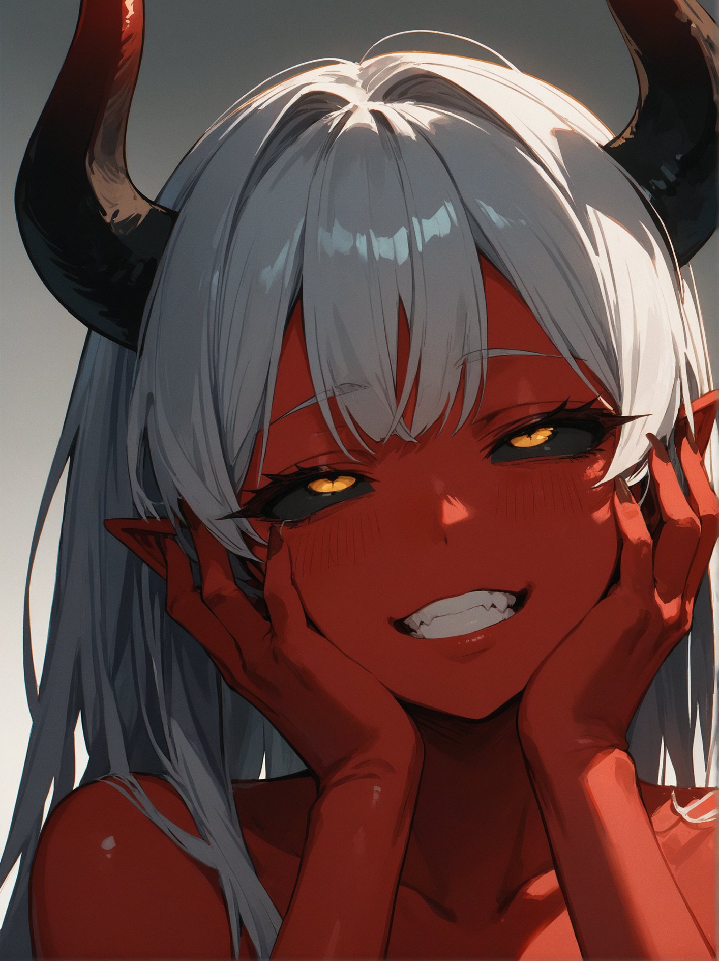 score_9, score_8_up, score_7_up,  source_anime,( close-up:0.8), 1girl, demon girl, horns, covered nipples,  red skin, black sclera, hands on own face, rolling eyes