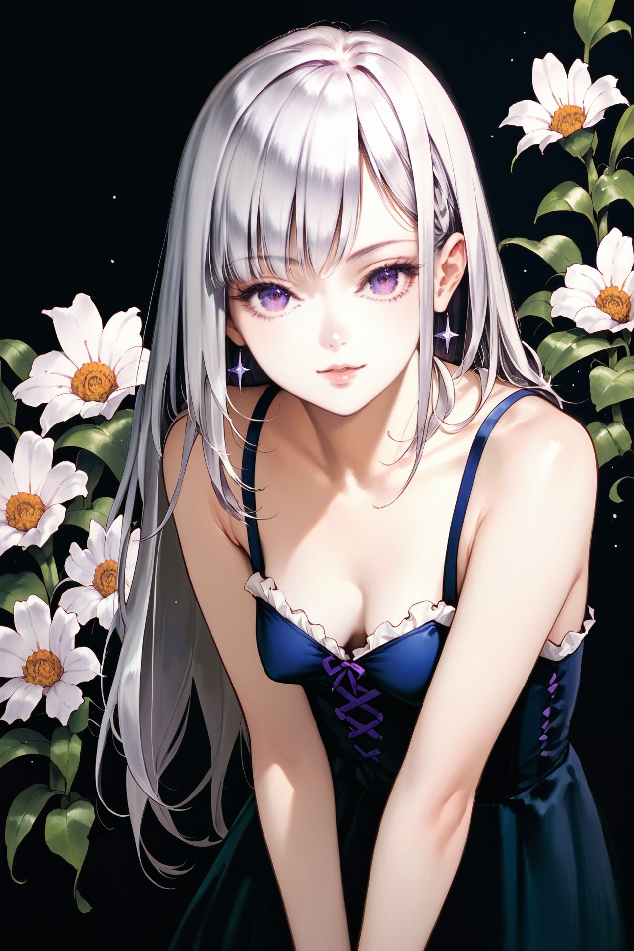 score_9, score_8_up, score_7_up, 1girl, looking at viewer, grey hair, asymmetrical_bangs, purple eyes, small breasts, Hanging_Helicona \(flower\), black_background <lora:Kojima_Ayami_PonyXL_style_v01:1>