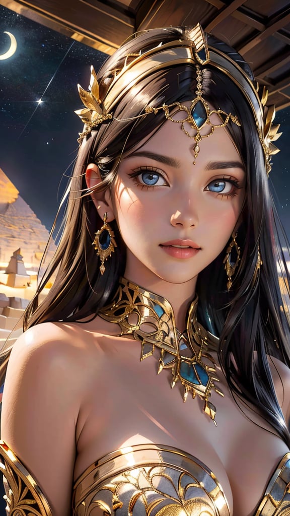 (best quality, masterpiece, colorful, dynamic angle, highest detailed) Realistic photo, fashion photography of a egyptian goddess, gold ornaments, gold reflection, flirting with POV, ultra detailed textures, perfect night, Egypt, pyramids, (intricate details, hyperdetailed:1.15), detailed, moonlight passing through hair, (official art, extreme detailed, highest detailed), HDR+