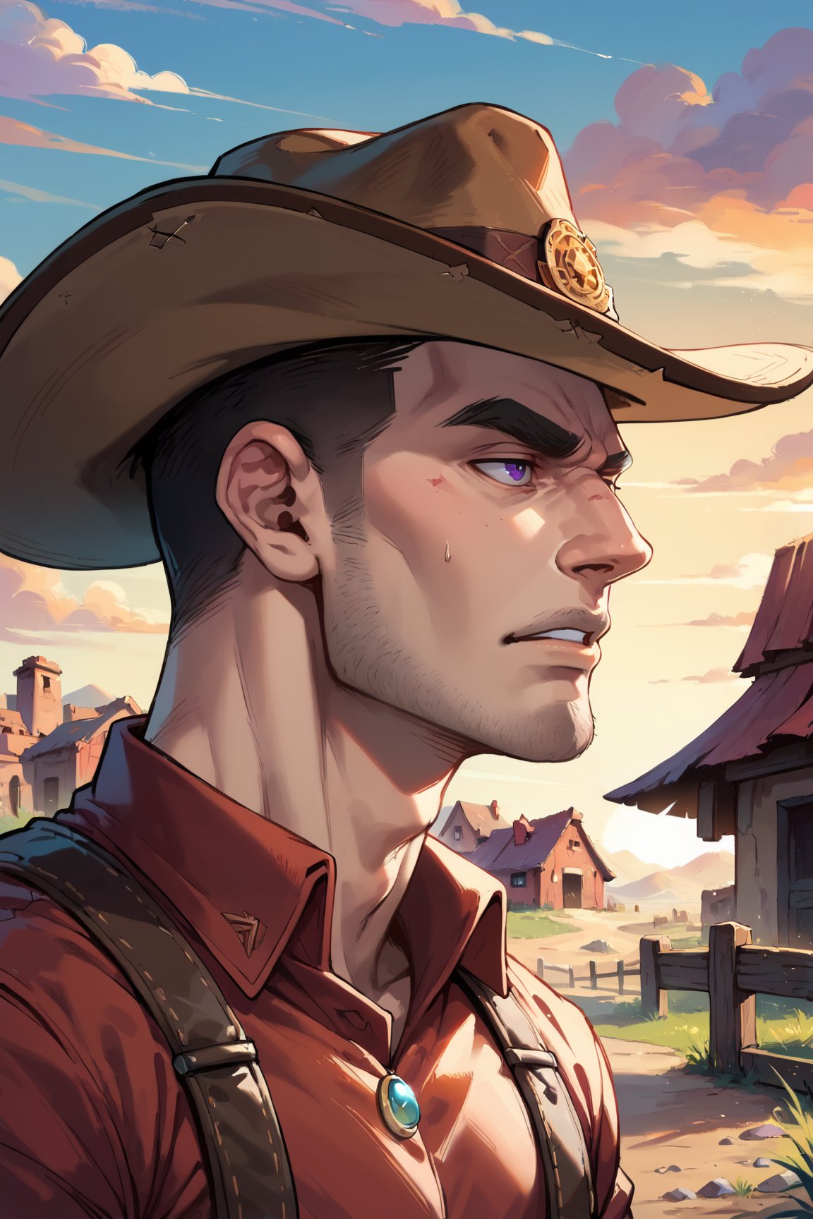 zPDXL, 1boy, close-up, cowboy hat, desert town, red stone, badlands, wooden fence, colorful purple sunset, (score_9, score_8_up, score_7_up, score_6_up, score_5_up, score_4_up, high res, 4k)