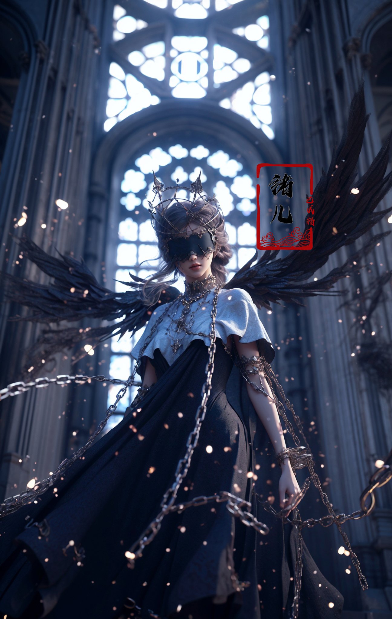 Epic CG masterpiece, a woman dressed in an angelic outfit in chains, delicate face, hdr,dtm, full ha,8K, ultra detailed graphic tension, dynamic poses, stunning colors, 3D rendering, surrealism, cinematic lighting effects, realism, 00 renderer, super realistic, full - body photos, super vista, super wide Angle, rich details, highest quality, extremely exquisite,Black background，1girl, chain, wings, solo, dress, blindfold, white dress, jewelry, veil, choker, ring, own hands together, angel wings, feathered wings, covered eyes, halo，blackblindfold, <lora:绪儿-锁链天使 Angel:0.8>