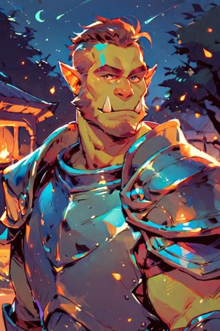 score_9, score_8_up, score_7_up, solo, male focus, mature male, orc, green skin, tusks, beard, outdoors, armor, looking at viewer, shoulder armor, breastplate, upper body, closed mouth, pauldrons, night, night sky, standing <lora:Rainbow Style SDXL_LoRA_Pony Diffusion V6 XL:1>