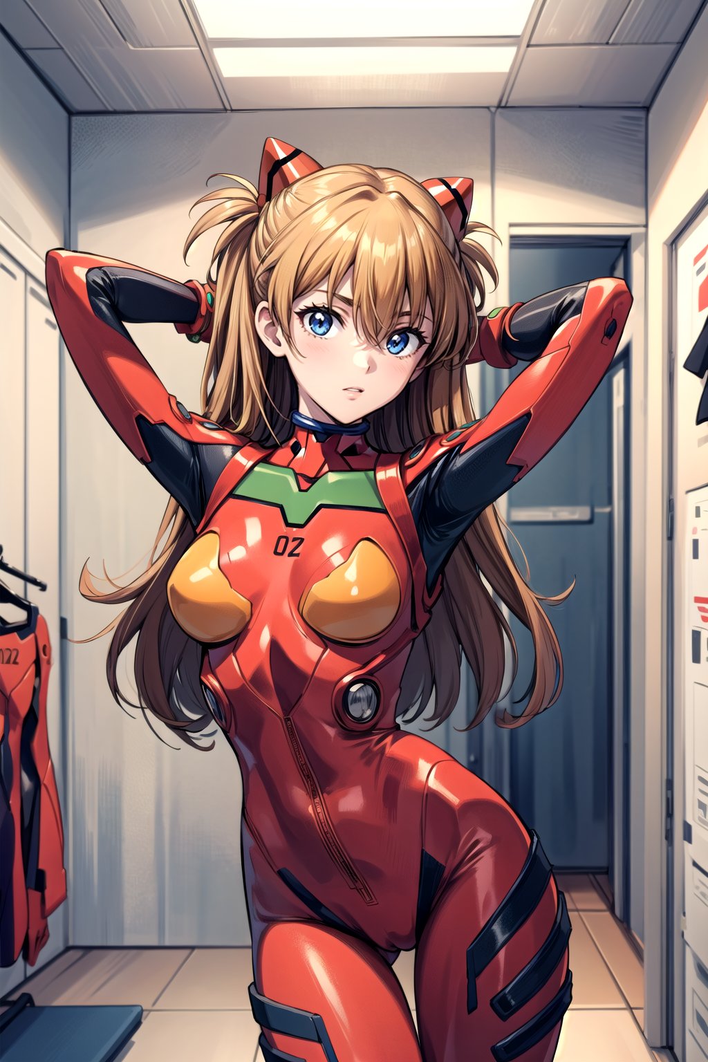 (masterpiece, best quality, detailed), 1girl, solo, indoors, changing room, arms behind head, cowboy shot,souryuu asuka langley, interface headset, red bodysuit  <lora:AsukaLangleySouryuuV2-000015:1>  <lora:more_details:0.5>