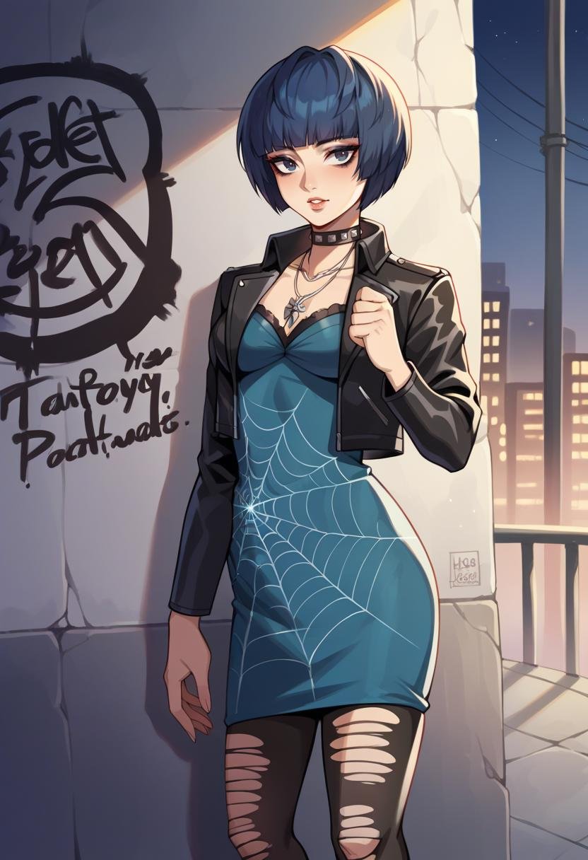 score_9, score_8_up, score_7_up, source_anime BREAK 1girl, solo,   <lora:zs_TakemiXL:1> takemicasualp5, short hair, bob cut, black hair, blue hair, choker, necklace, leather jacket, blue dress, spiderweb, ripped pantyhose, makeup, eyeliner, city, graffiti, night sky, 