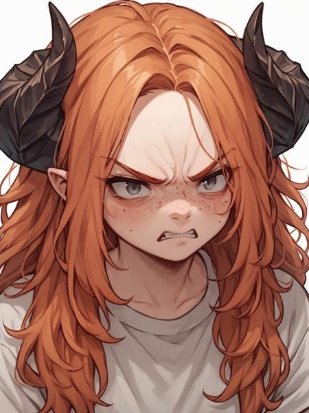 score_9, score_8_up, score_7_up, score_6_up, <lora:3m0t3XLP:1>3m0t3, ginger hair, blush, 1girl, freckles, grey eyes, long hair, Fr3ckles, <lora:Fr3ckledXLP:0.2> white background, horns, angry