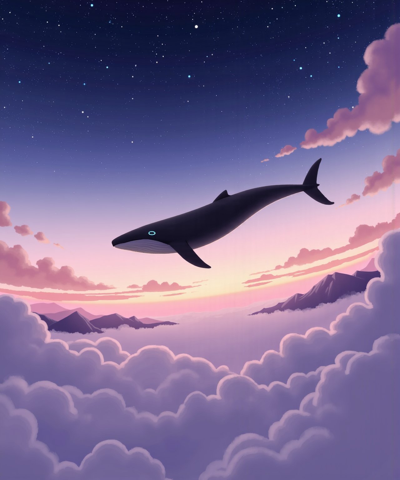 <lora:flux-shock-scenery:1>,The image is a digital illustration of a large whale swimming above the clouds. The whale is in the center of the image, with its body facing towards the right side of the frame. It appears to be a humpback whale, with a long, slender body and a pointed nose. The sky is filled with stars, and the horizon is visible in the background. The clouds are a mix of pink and purple hues, and there are mountains in the distance. The overall mood of the illustration is peaceful and serene.