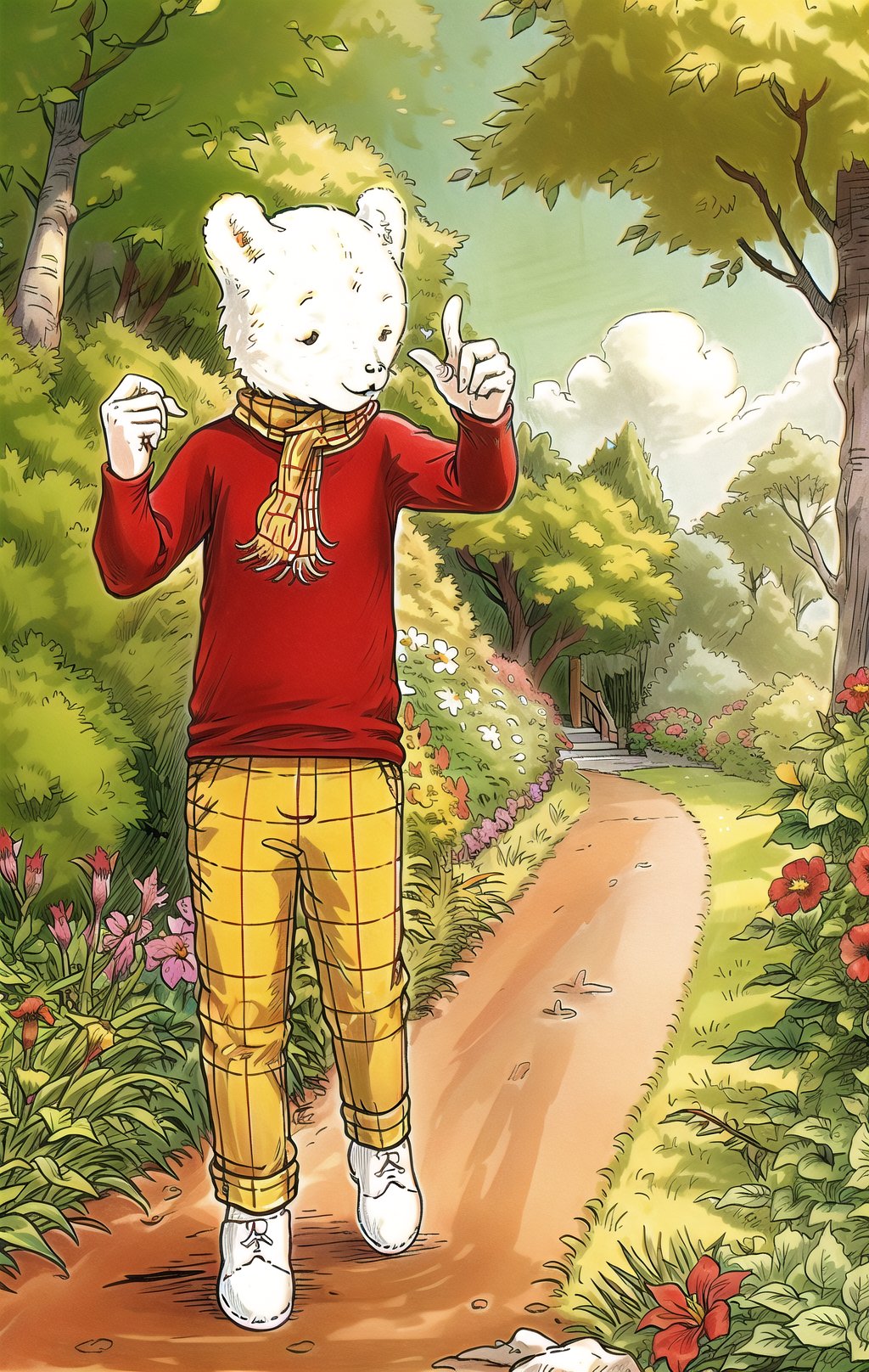 rup3rt_Style, no humans, outdoors, full body, clothed animal, polar bear, looking at viewer, plaid scarf, red shirt, plaid pants, pointing, day, grass, garden, tree, flower, path, extremely detailed, white background, natural lighting, volumetric, <lora:RUPERT_Style-000012:1>