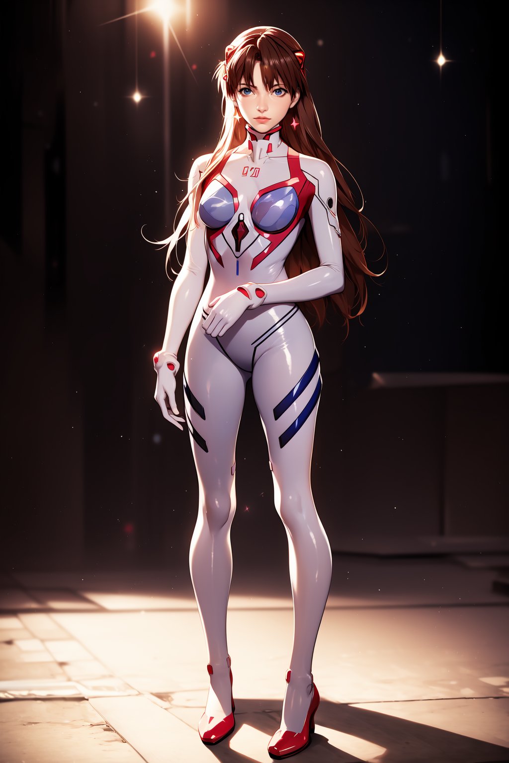 best quality,masterpiece,realistic,photorealistic,neon genesis evangelion,1girl,solo,looking at viewer,full body,standing,long hair,asuka cosplay costume,cosplay,plugsuit,bodysuit,hair ornament,<lora:eva:1>,asuka_pyon,<lora:yuzu2:0.8>,ban,starry_background,hyper_galaxy,<lora:肚脐消失丹:1>