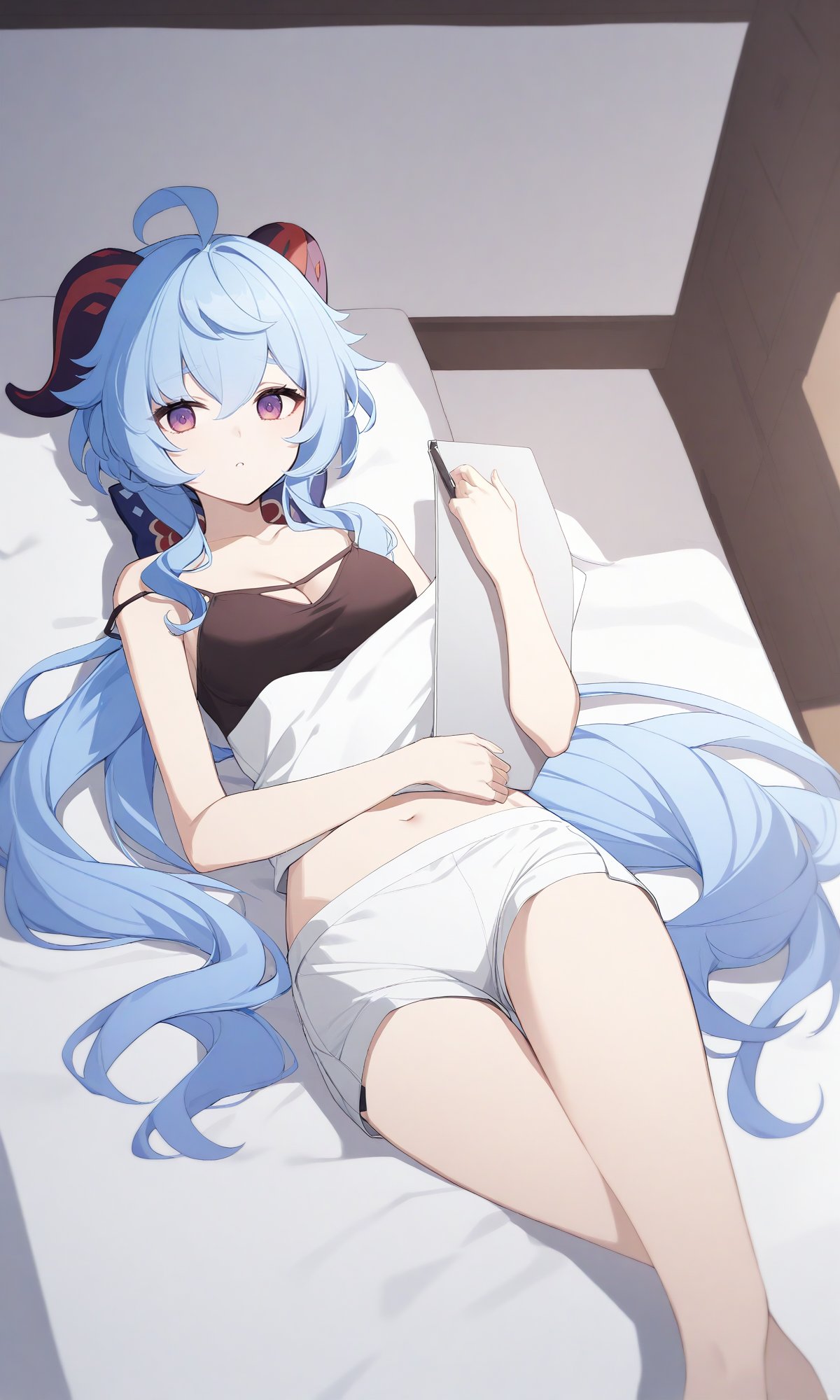 ganyu_(genshin_impact) 1girl bell blue_hair camisole cleavage_cutout clipboard clothing_cutout horns long_hair looking_at_viewer lying open_mouth purple_eyes short_shorts shorts solo spaghetti_strap strap_slip thighs very_long_hair white_shorts flat_coating clear_color highres absurdres best_quality