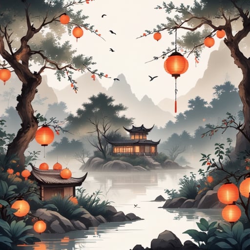 chinese ink drawing, monochrome, spot color, fruit, outdoors, scenery, forest, reflection, building, stone lantern, paper lantern