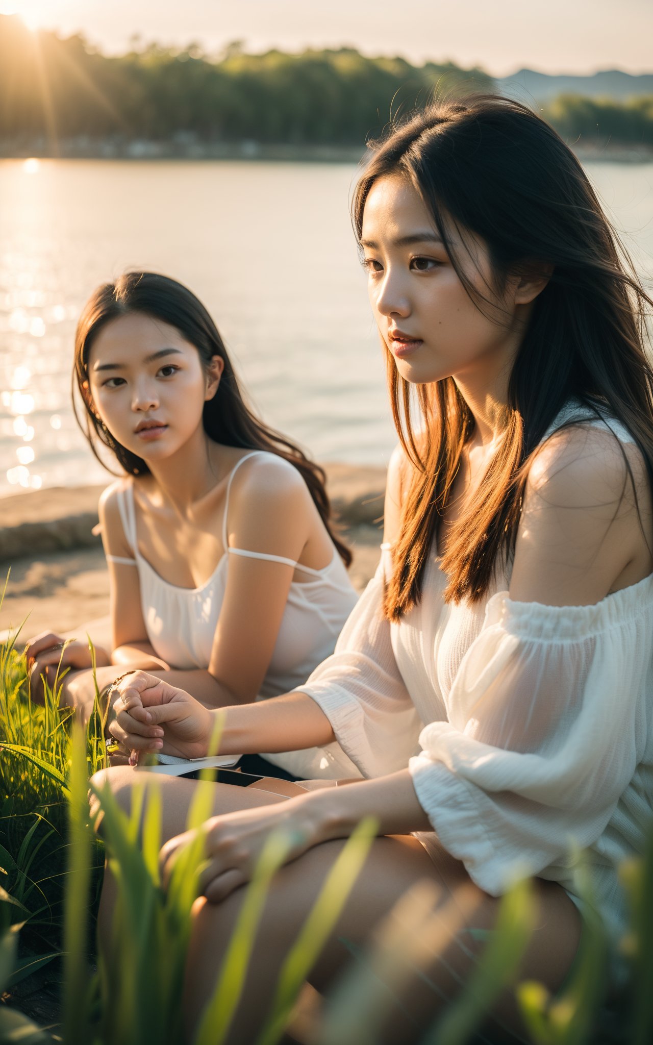 sunrays,(nature, amazing unreal background),(natural colors, correct white balance, color correction, dehaze,clarity),RAW photo,full sharp,wallpapper 8k uhd,dslr,soft lighting,high quality,Fujifilm XT3,Three girls sitting on an outdoor bench，Close-up, telephoto lens