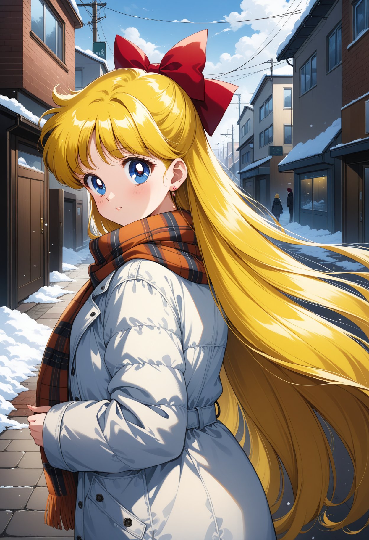 (masterpiece, best quality, very aesthetic, ultra detailed), intricate details, 4k, aavenus, long hair, blonde hair, hair bow, earrings, blue eyes, <lora:sailor_venus_animaginexl_v2:0.9>, street, winter clothes, scarf, snow, outdoors