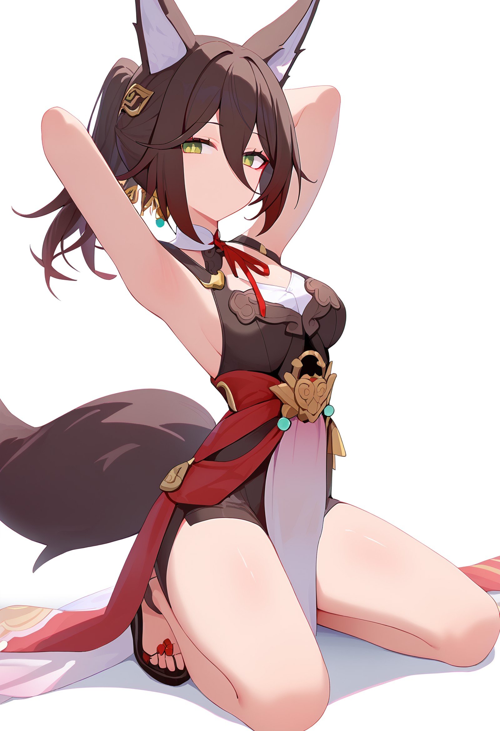 score_9,kneeling, arms behind head, seiza,solo,looking at viewer,flower,full body,simple background,white background,score_9,tingyun \(honkai star rail\),1girl,solo,fox girl,looking at viewer,fox tail,bare shoulders,ponytail,<lora:pony_char_tingyun_(honkai_star_rail)-000022:1>