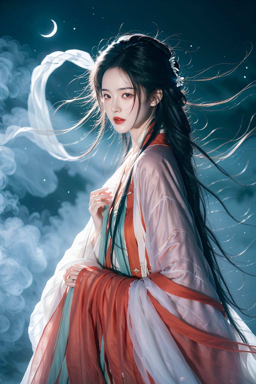 1girl,ak-hongzhuang,black hair,dress,from side,hair ornament,light,long hair,necklace,realistic,red lips,solo,1girl,solo,hanfu,bestquality,ultrahighres,(photorealistic:1.4),masterpiece,highres,original,extremely detailed wallpaper,hanfu,upper shan,purple with white,in the dark evening,small moon in the sky of farther distance,looking the viewer,