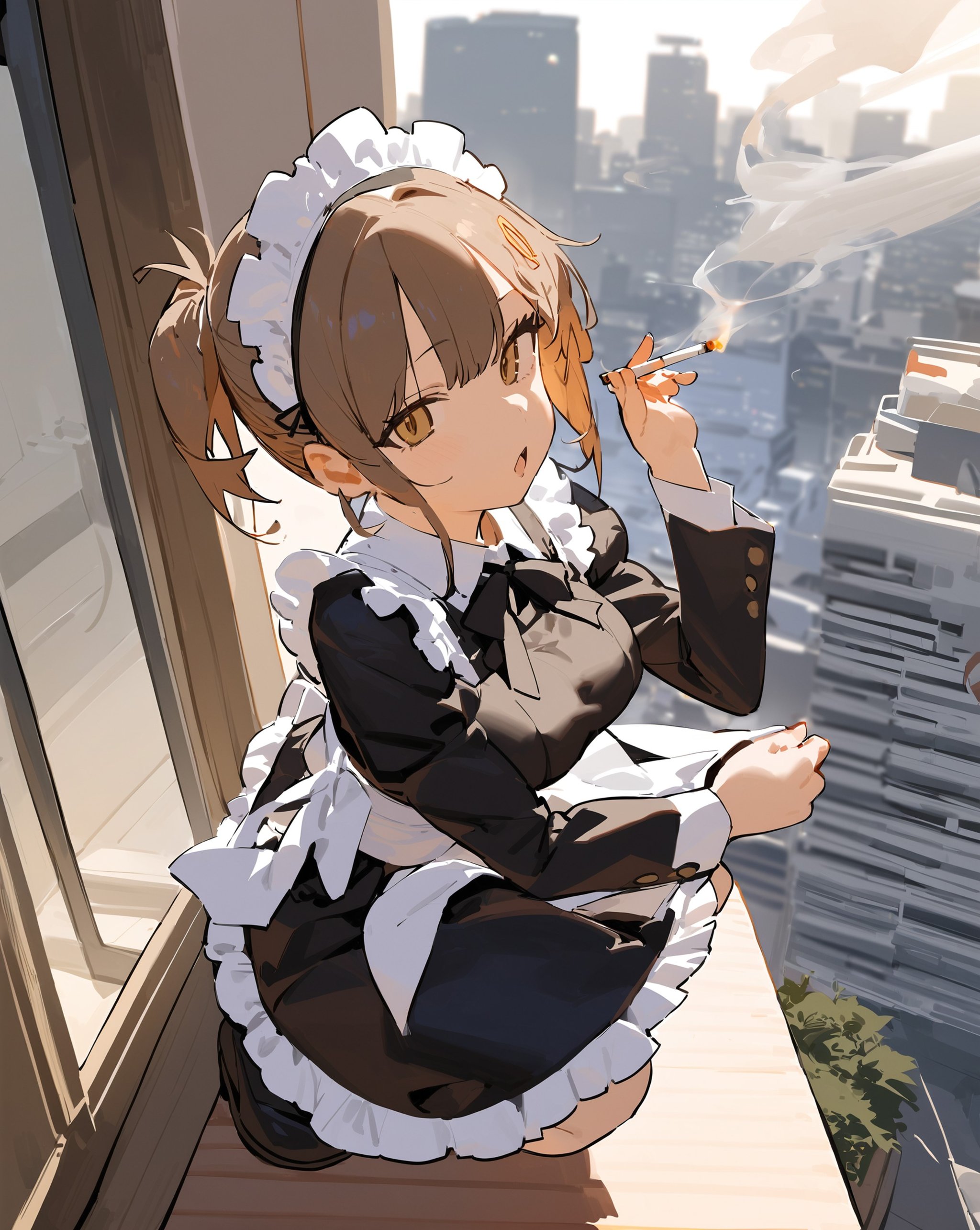 1girl,female,cigarette,sloppy open mouth,maid outfit,maid headdress,squatting,on the roof of a building,skyscraper in tokyo,(smoke),(smoking:1.2),from above,solo,(best quality:1.2),