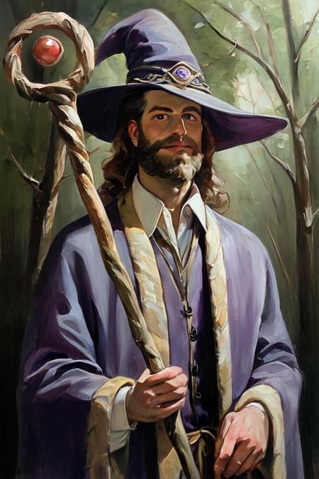 score_9, score_8_up, score_7_up, rating_safe, painterly, faux traditional media, realistic, 1boy, solo, male focus, mature male, wizard, long hair, brown hair, black eyes, looking at viewer, hat, facial hair, beard, mustache, staff, wizard hat, purple hat, shirt, collared shirt, robe, purple robe, cloak, holding, holding staff, upper body, standing, outdoors, forest, nature, tree, fog, dark background <lora:Faux Oil Painting Style LoRA_Pony XL v6:0.7>