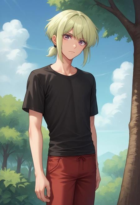 score_9, score_8_up, score_7_up, source_anime, highly detailed, lio, 1boy, male focus, solo, green hair, red pants, shirt, purple eyes,pants, t-shirt, black shirt, androgynous, short ponytail, sidelocks,day, blue sky, tree, clouds,