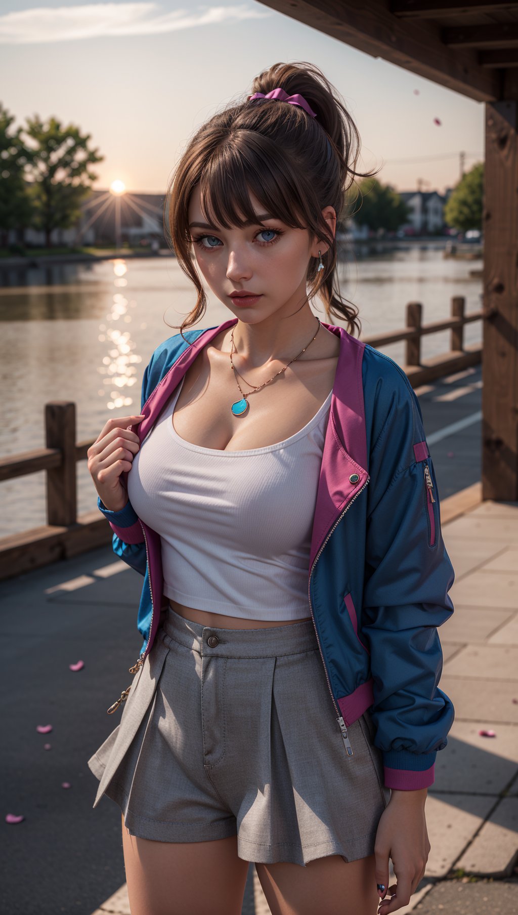 3d,3d background,1girl,bare shoulders,blue eyes,breasts,brown hair,hair ribbon,looking at viewer,necklace,ponytail,ribbon,shirt,multicolored jacket,skirt,shorts,pose,closed mouth,masterpiece,best quality,scenery,sunset,rose petals,