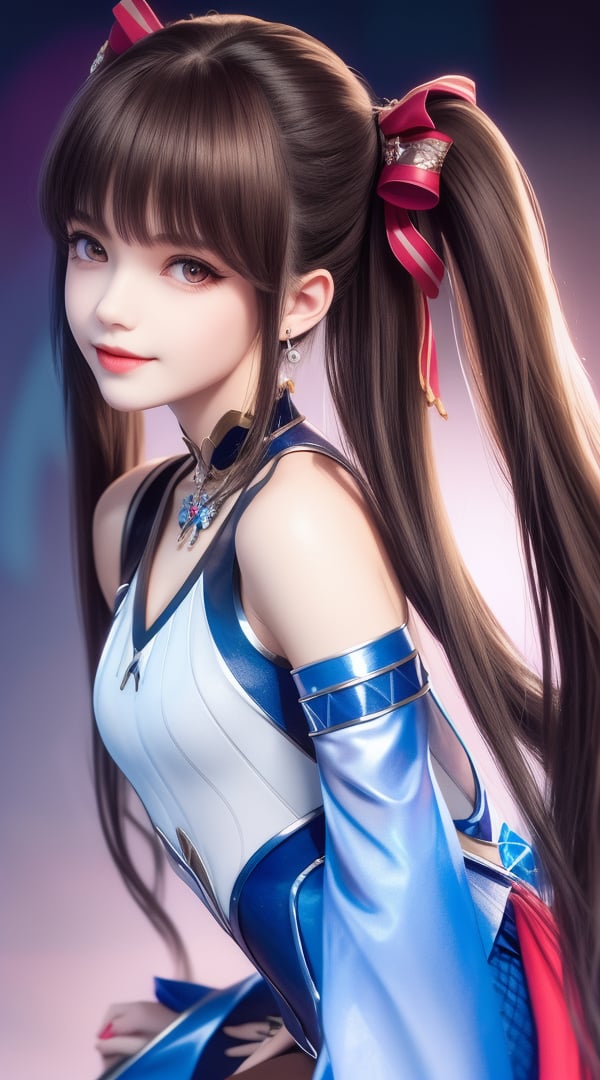 (,1girl, ,best quality, ),looking at viewer, <lora:380-DA-武动乾坤-林青檀:0.8> ,,ultra detailed background,ultra detailed background,ultra realistic 8k cg,,, (close-up portrait),(upper body:1.22),(realistic:1.11),(Photo-referencing),HDR,Studio Lighting,Soft Lighting, ,, a slender petite little girl,Delicate muscle lines,(Skinny body),(solo:1.5),( looking at viewer:1.22),The white shiny skin, (smirk:1.2),(dynamic pose),(arms behind back),arms at sides, (very long payot),(Absurdly long Brown straight hair:1.22),parted bangs, (floating hair), (jewelry:1.17), necklace, earrings,(colorful:1.27),(stained glass background),(),(()),, 1girl, solo, blue_ribbon, detached_sleeves, ribbon, long_hair, twintails, thighhighs, bow, blue_sleeves,silver hair, 