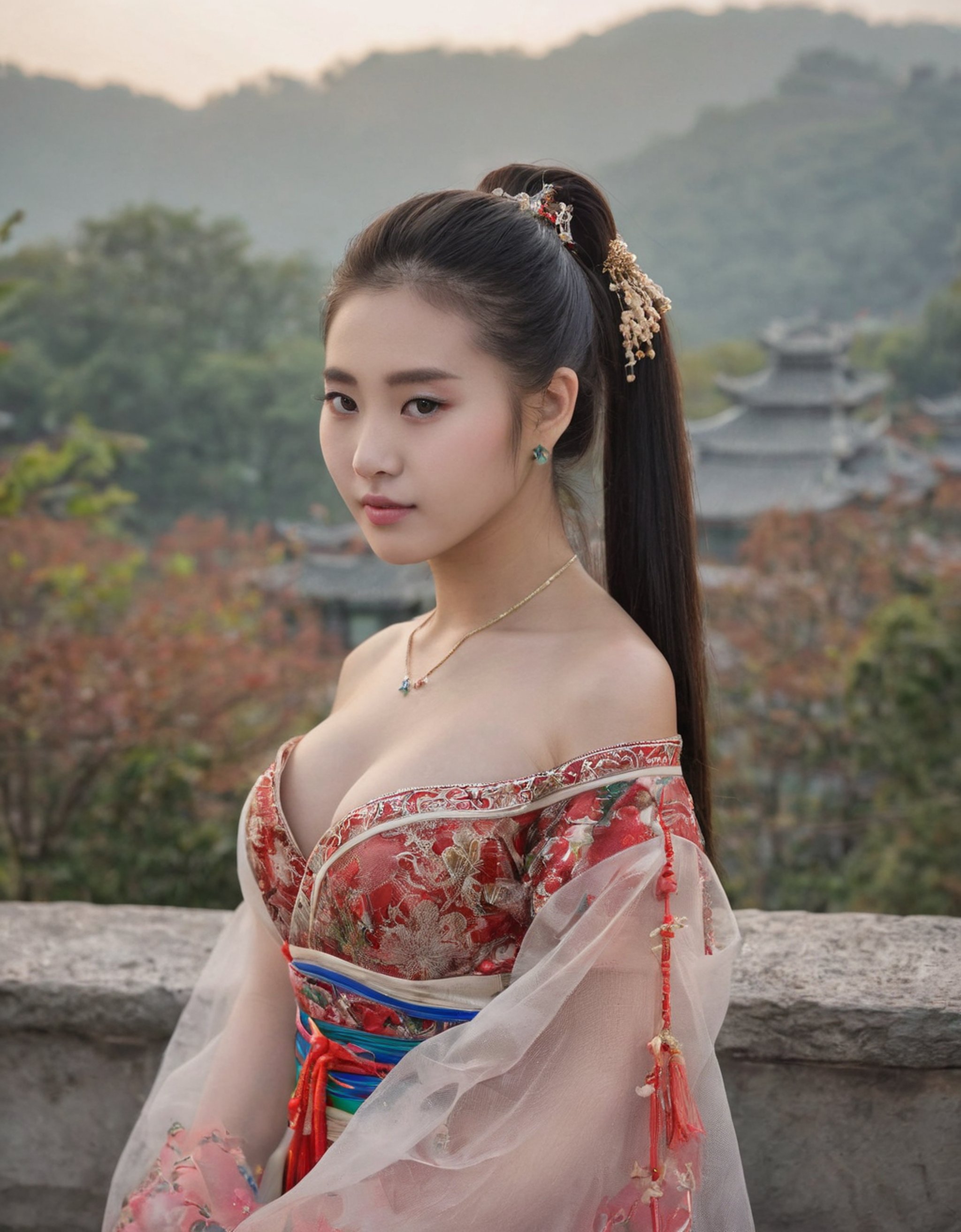 highest resolution digital photo of beautiful (Chengdu:1.3) girl, Lusi, 21 years old, long ponytail, (large breasts:1.2), dress, bare shoulders, Chinese clothes, cleavage, plunging neckline, detached sleeves, Hanfu, see-through sleeves, see-through, elegant pose, cowboy shot, real skin, textured skin, intricately detailed eyes and lips, Chinese mountains by the sea, fog in background, mist in background, golden hour, sharp focus, 16K, HDR, (subsurface scattering:0.9)