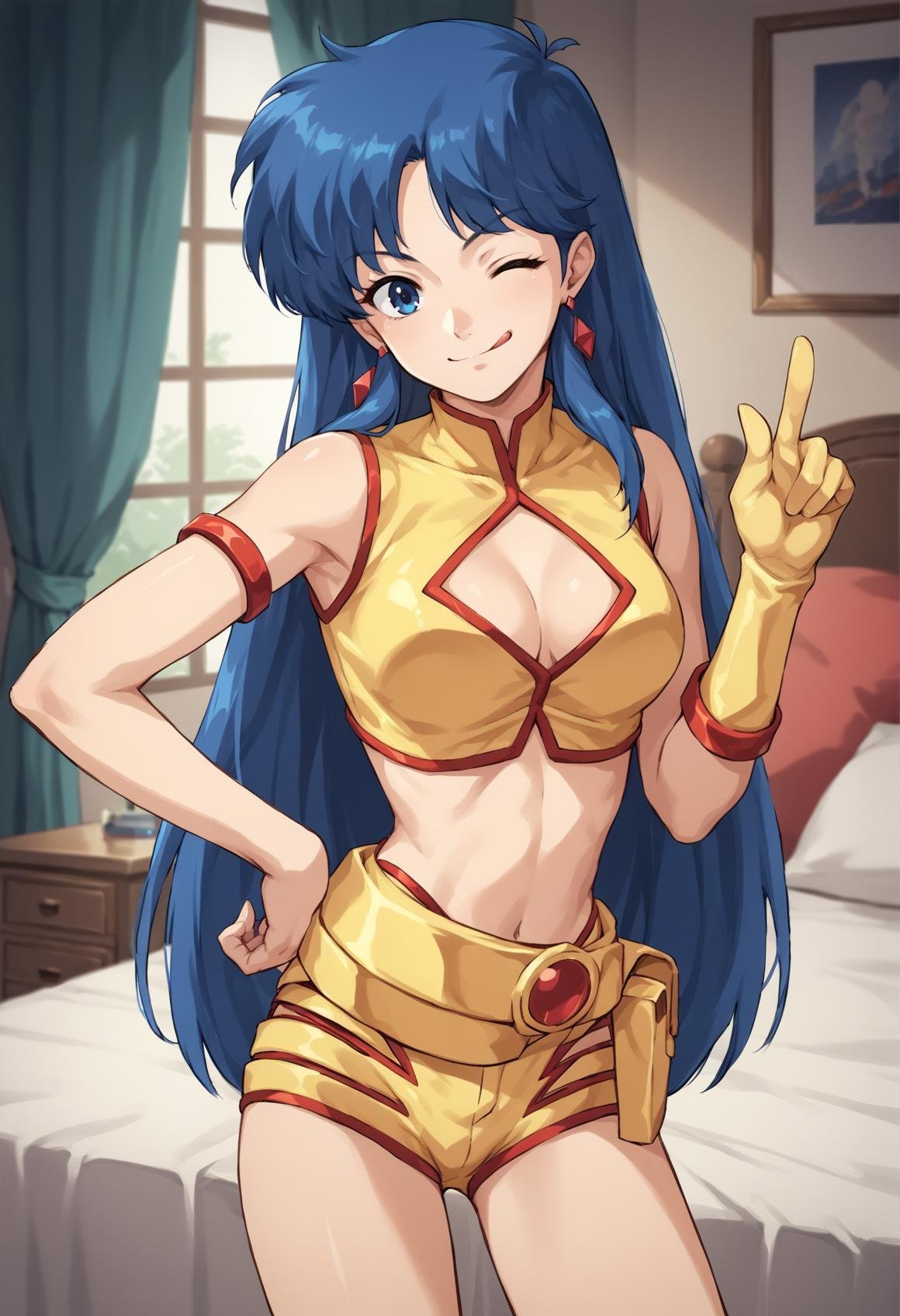 1girl, dpyuri, pale skin, long hair, blue hair, blue eyes, earrings, jewelry, yellow top crop, clothing cutout, single glove, wristband, armband, yellow shorts, belt, Boots, yellow footwear, wink, pointing at viewer, licking lips, cowboy shot, indoors, bedroom <lora:Dirty_Pair_XL:1>, score_9, score_8_up, score_7_up, score_6_up, score_5_up, score_4_up, BREAK source_anime, masterpiece