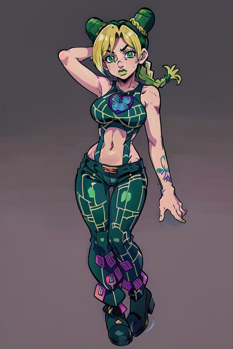 jolyne,  cute,  clothed,  1girl,  solo,  blonde hair,  black hair,  green hair,  detailed,  /gradient background/,  braided ponytail,  green eyes, full body,  character focus,  large breasts,  main outfit,  arm tattoo,<lora:EMS-92852-EMS:0.700000>,<lora:EMS-260993-EMS:0.900000>,<lora:EMS-11211-EMS:0.300000>
