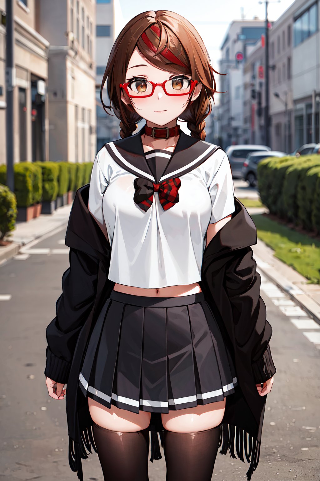 masterpiece, best quality, highres, aamisaki, twin braids, multicolored hair, brown eyes, red-framed eyewear, red collar, serafuku, sailor collar, multicolored bow, sailor shirt, white shirt, (off shoulder:1.2), black jacket, pleated skirt, black skirt, black thighhighs, <lora:sakimiya_misaki_v1:0.7>, standing, cowboy shot, outdoors,