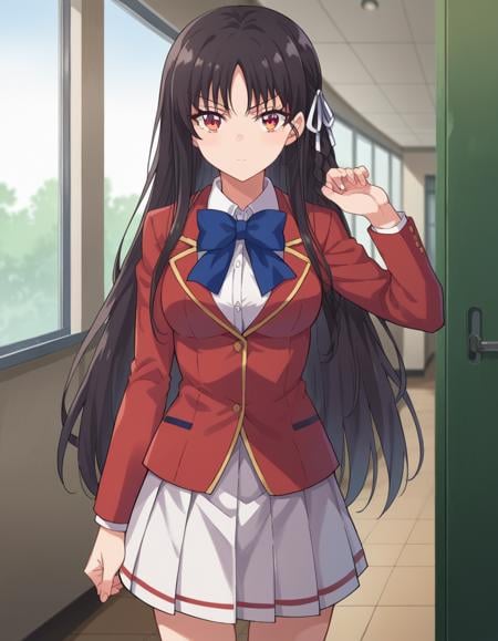 score_9, score_8_up, score_7_up, source_anime,suzunehorikita, <lora:suzune-horikita-ponyxl-lora-nochekaiser:1>,suzune horikita, long hair, black hair, red eyes, hair ribbon, braid,bow, school uniform, jacket, bowtie, blue bowtie, blazer, red blazer, skirt, white skirt,indoors, classroom, hallway,looking at viewer, dynamic pose, cowboy shot,