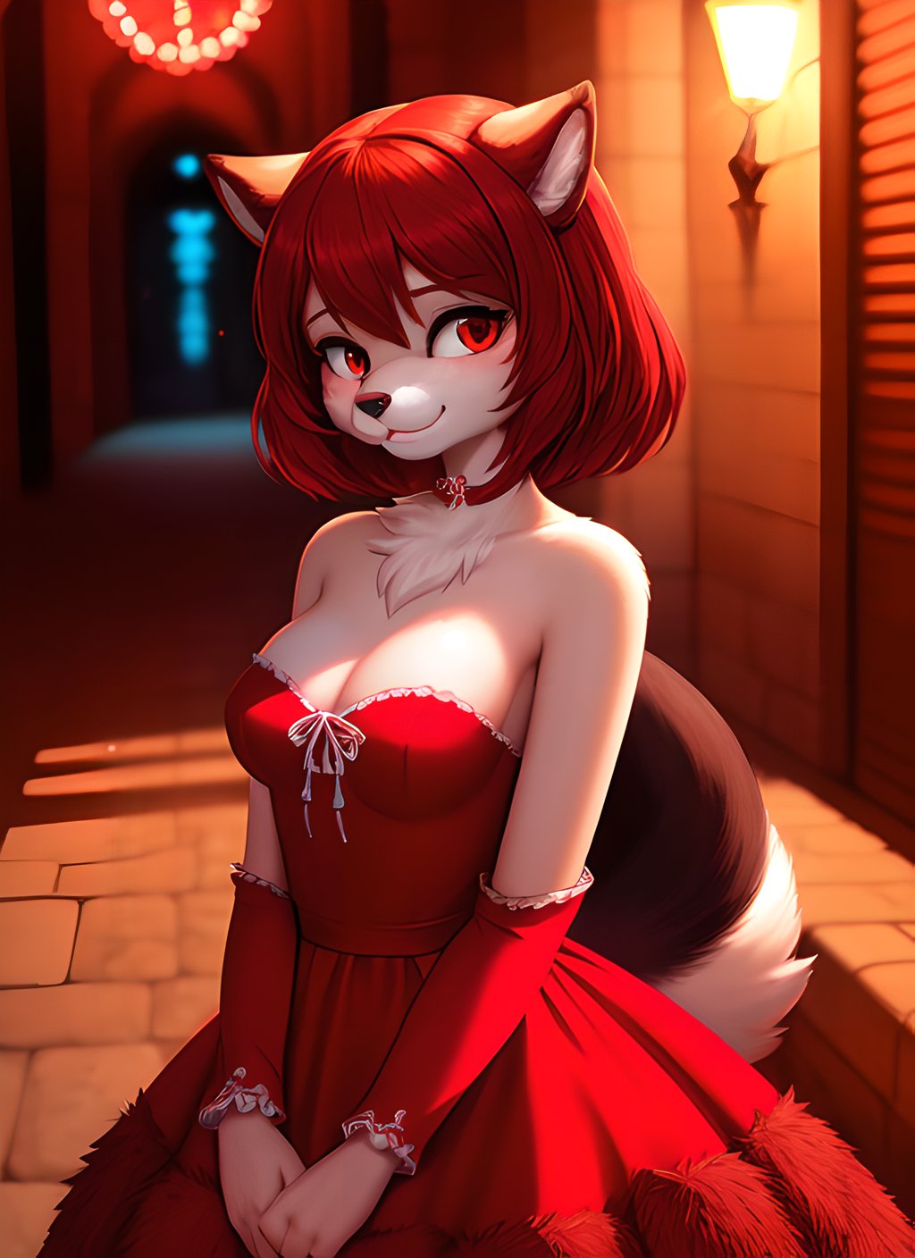 (furry:1.4), focus on face, small breasts, beautiful red dress, beautiful lights and shadows