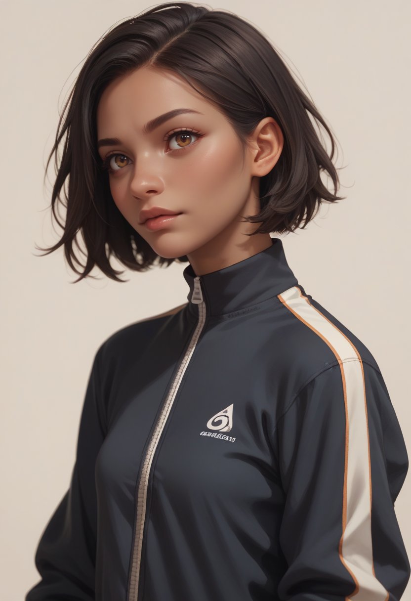 score_9, score_8_up, score_7_up, score_6_up, score_5_up, score_4_up, 1girl, brown skin, small breasts , lips, choppy bob hair, black hair, hazel eyes, wearingtracksuit , upper body, simple background, 